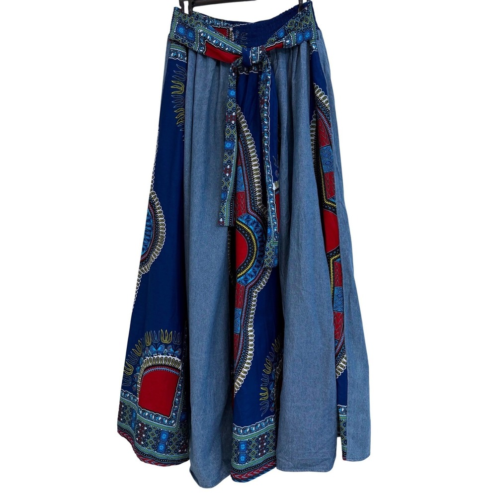 Neelam Denim Dashiki Maxi Skirt Blue Red African Print Boho Free OS India Cotton